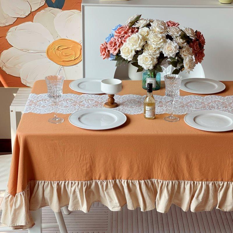 100% Cotton Table Cloth with Decorative Ruffle Edge Luxurious Soft Washable Tablecloth Rectangular for Kitchen Dining Wedding
