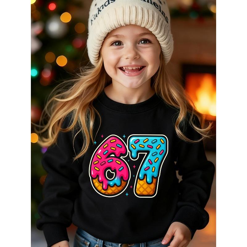 Unisex Kids Black Crewneck Sweatshirt For 4-12 Boys Girls Donut Ice Cream Candy Sprinkles Number 67 Print Soft Fleece Long Sleeve Pullover 110 чёрный