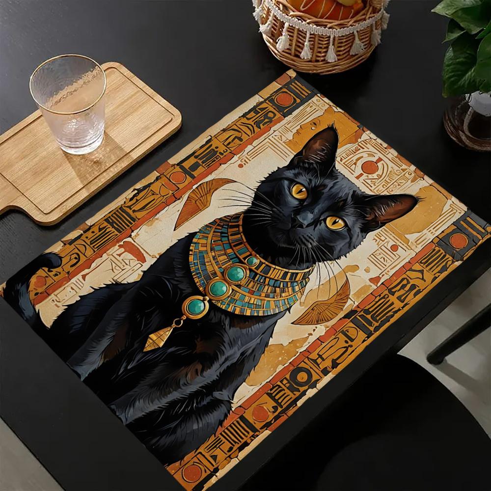 1PC Placemat,A black cat in ancient Egypt abstract art, Dining Table Decor, Kitchen Supplies, Home Decor