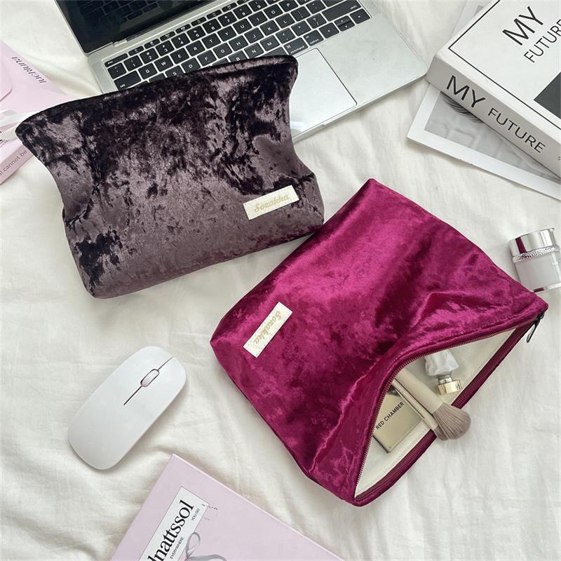 Trendy Velvet Cosmetic Bag Large Capacity Travel Suede Storage Bag Simple Women Girly Portable Clutch Toiletry Bag Gifts