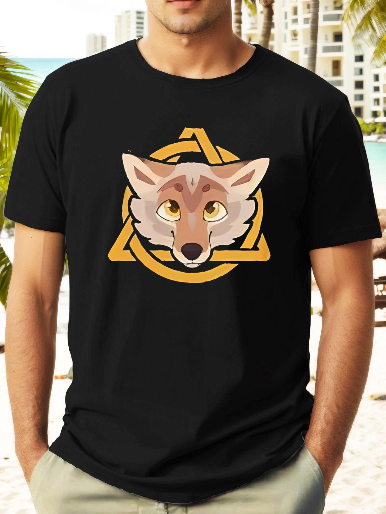 Wolf Head Geometric Print Summer T-shirt - Black Casual Short Sleeve Tee with Vibrant Orange & Yellow Art XXL