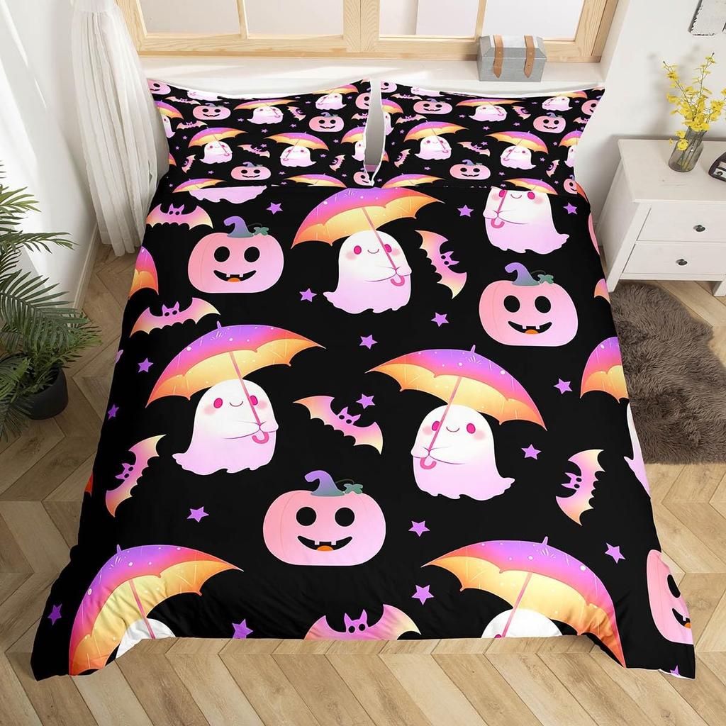 Cute Ghost Duvet Cover Twin King Halloween Bedding Set For Kids Girl Microfiber Horror Theme Comforter Cover With 2 Pillowcases