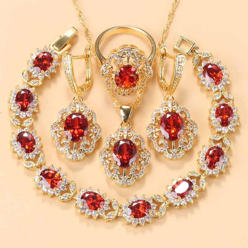 Morrocan Jewelry Sets  Gold Plated 12-Colors Zirconia Earring Necklace And Bracelet Ring For Women Fashion Accessories