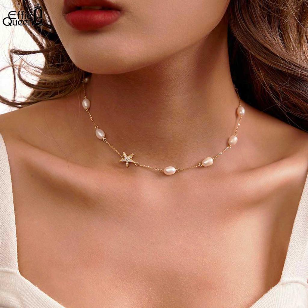 EFFIE QUEEN Natural Pearl Choker Necklace Fashion 925 Sterling Silver Starfish 5A CZ Necklace Party Jewelry Gift for Women BQN06