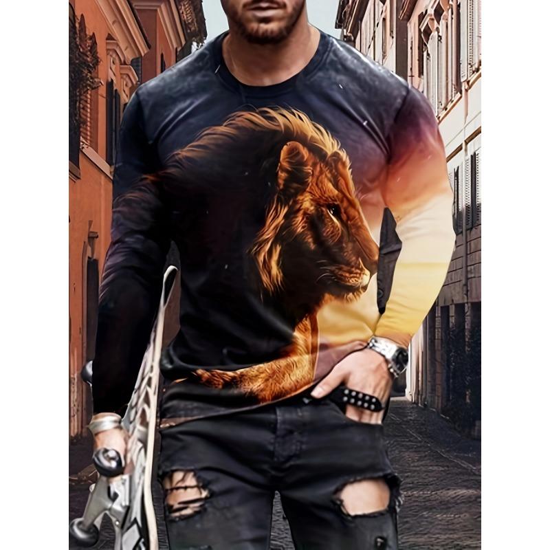 Tricou bărbați cu imprimeu tigru alb-negru, tricou cu mânecă lungă, casual, cu gât rotund, pulover largi de toamnă