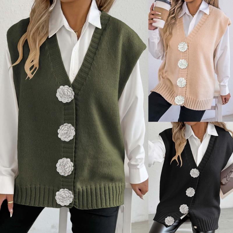 Womens Winter Vest Pearl Button Loose Casual Open Front Cardigan Sweater M107800
