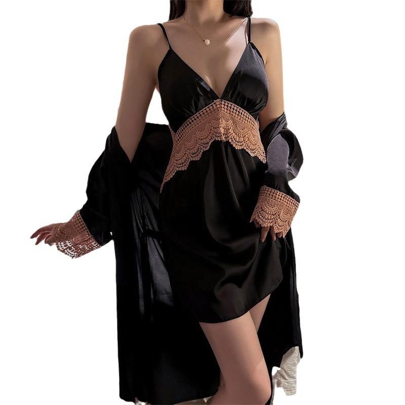 Sexy Suit Deep V Embroidery Lace Simulation Silk Backless Pure Desire Suit Can Be Worn Outside