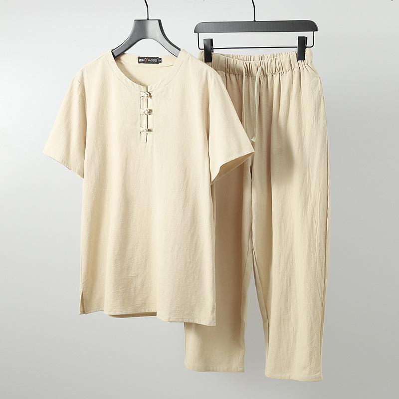 Summer Men Shirt S-9XL Plus Size Cotton Linen Suit Large Size Shirt with Pants Men 5 Colors