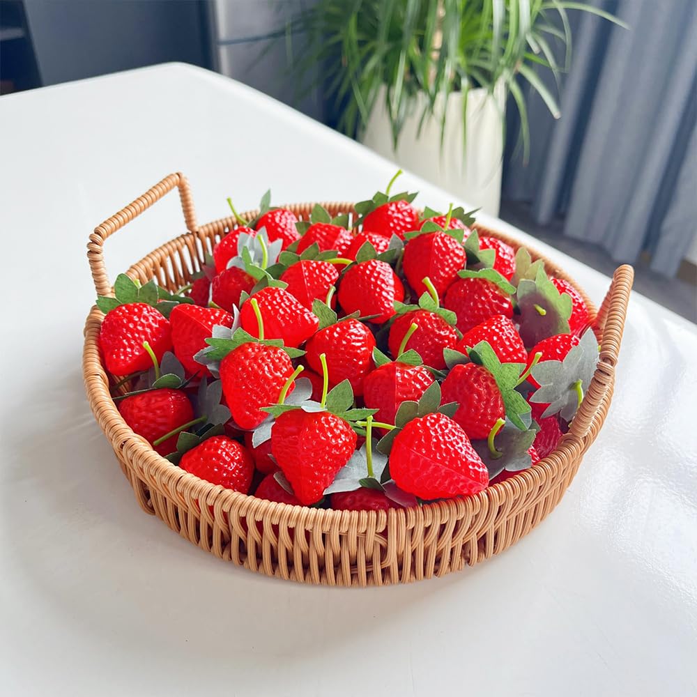 50 Strawberries with Lifelike Artificial Fruit Food Perfect for Photo Party Kitchen and Dining Table Stems, Samples, Props, Decorations, Centerpieces,