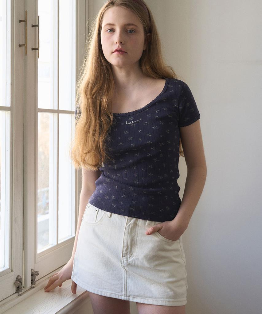 HAINT Flower Printed Eyelet T-Shirt 2Col_Navy