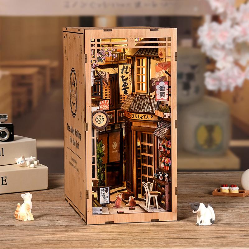 DIY Wooden DollHouses Book Nook Shelf Insert Kits Miniature Model Kits The Alley Waiting For The Cat Bookend For Friends Gifts