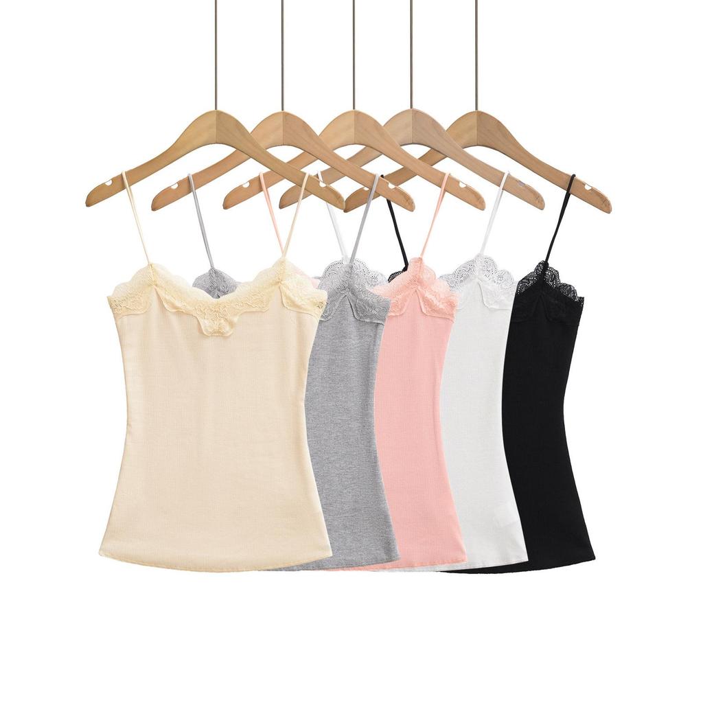 2025 Spring/Summer Elegant Wavy Lace V-Neck Spaghetti Strap Slimming Top