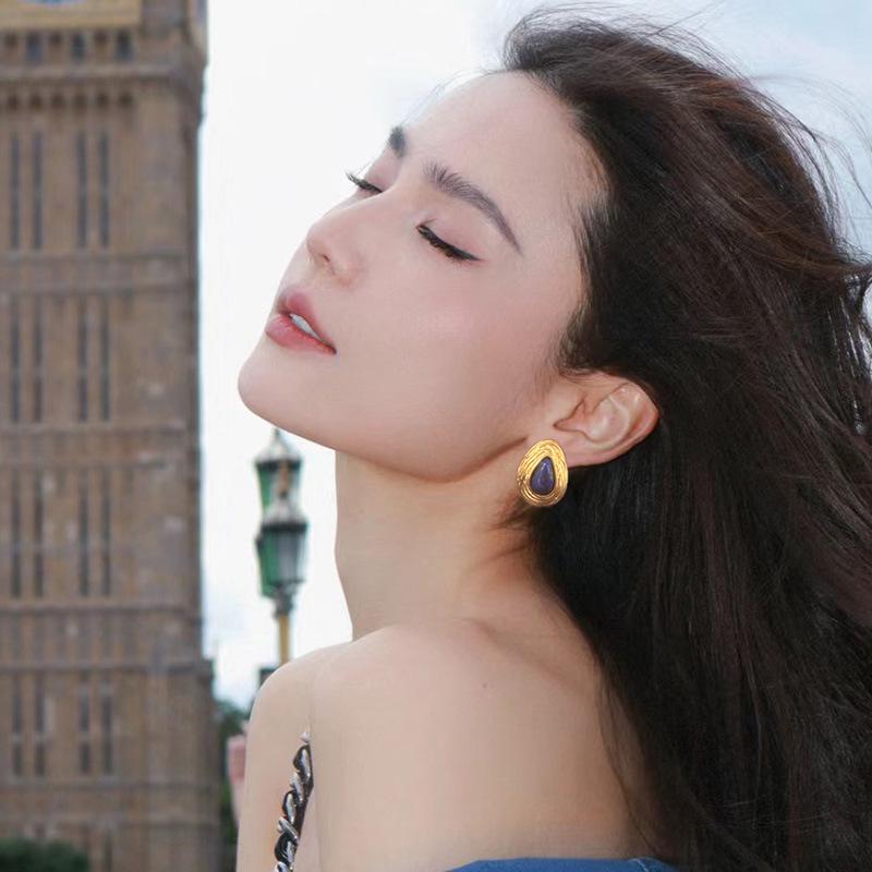 Teardrop Lapis Lazuli Stud Earrings - Vintage Mid-Century French Design