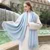 Womens Solid Color Wool Scarf With Fringe Winter Warm Shawl Mens Lightweight Cashmere-Blend Wrap Korean Style