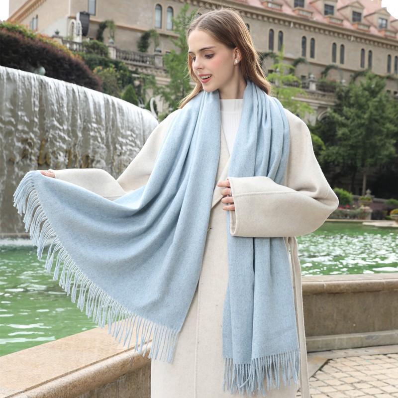 Womens Solid Color Wool Scarf With Fringe Winter Warm Shawl Mens Lightweight Cashmere-Blend Wrap Korean Style