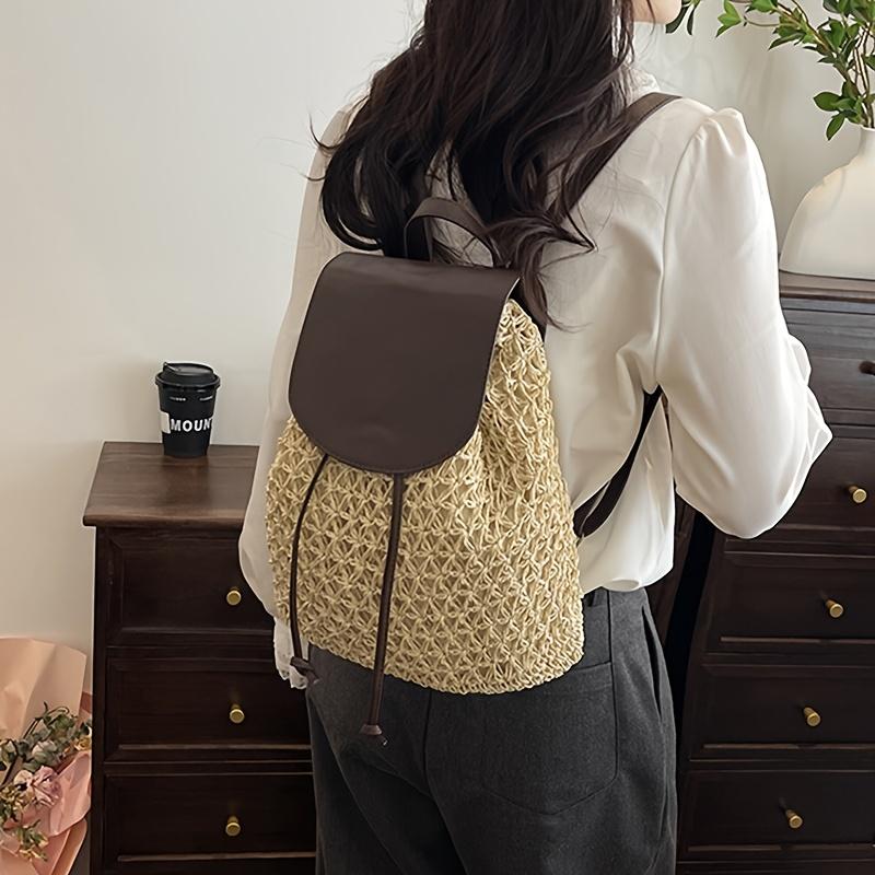 Woven Straw Backpack Drawstring Flap Small Backpack