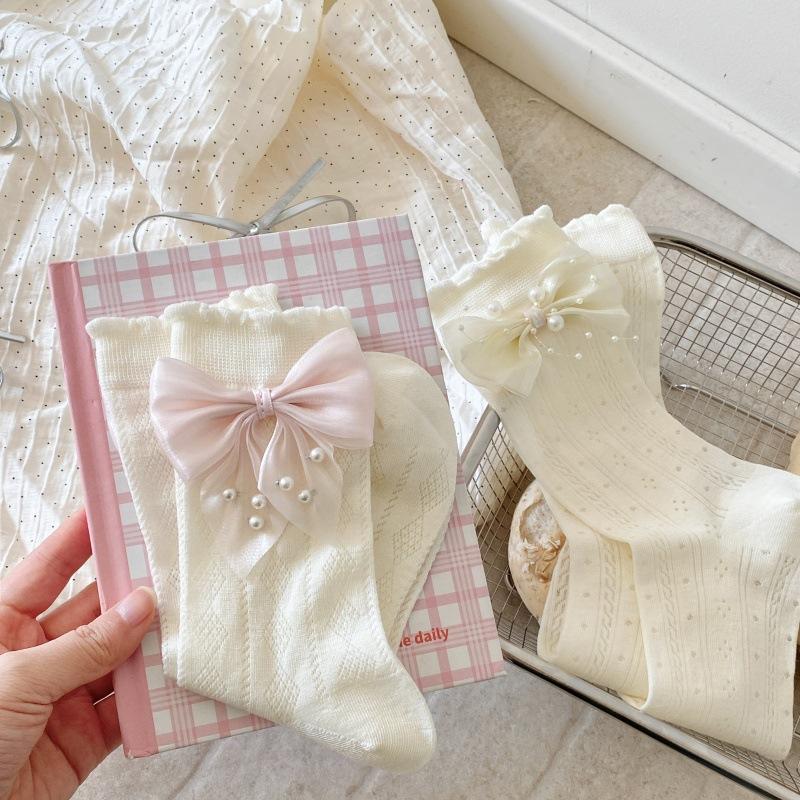 Cream White Hollow Breathable Cotton Ruffle Bow Calf Socks Kawaii Jk Lolita Daily Party Dress Accessory Women Socks