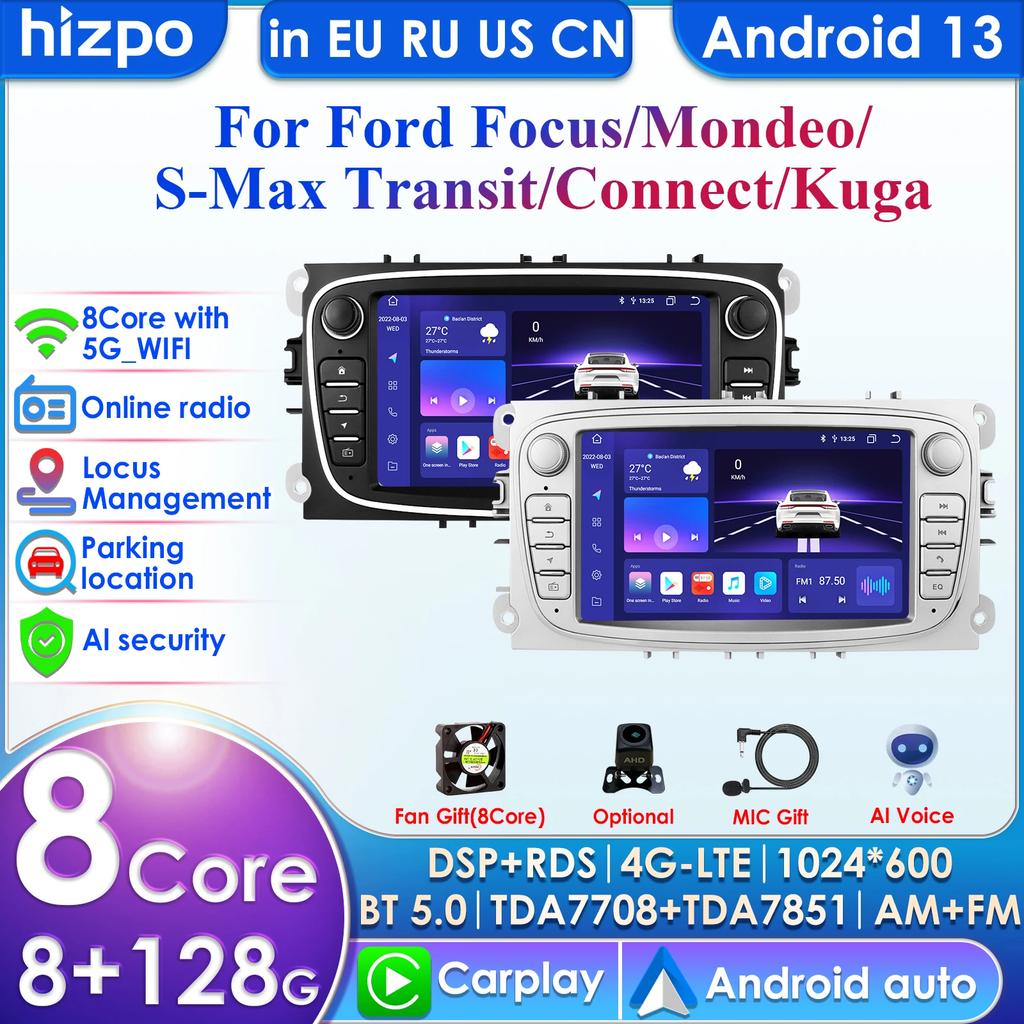 Hizpo For Ford/Focus/S-Max/Mondeo 9/GalaxyC-Max Car Radio Multimedia Video Player Navigation GPS Intelligent  Android 13 NO DVD 2din 2 Din 2.5D USB
