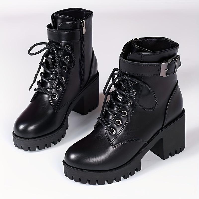 

Chunky Heel Women s Fashion Ankle Boots With Lace-up, Belt Buckle, Side Zipper, High-Heeled Platform 42 чёрный