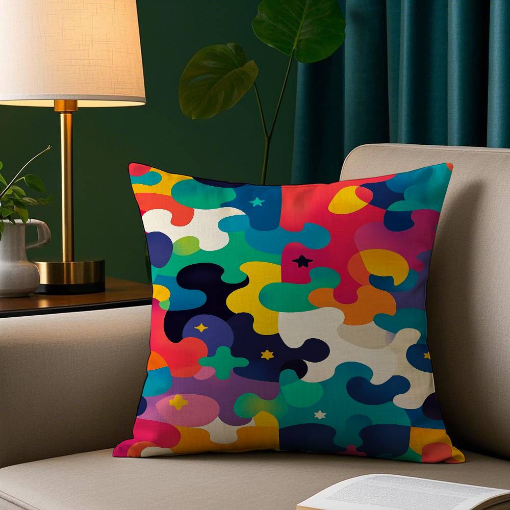 Cute Jigsaw Puzzle Pillow Case Plush Fabric Soft Pillowcase Double Sided Print Sofa Cushion Cover Throw