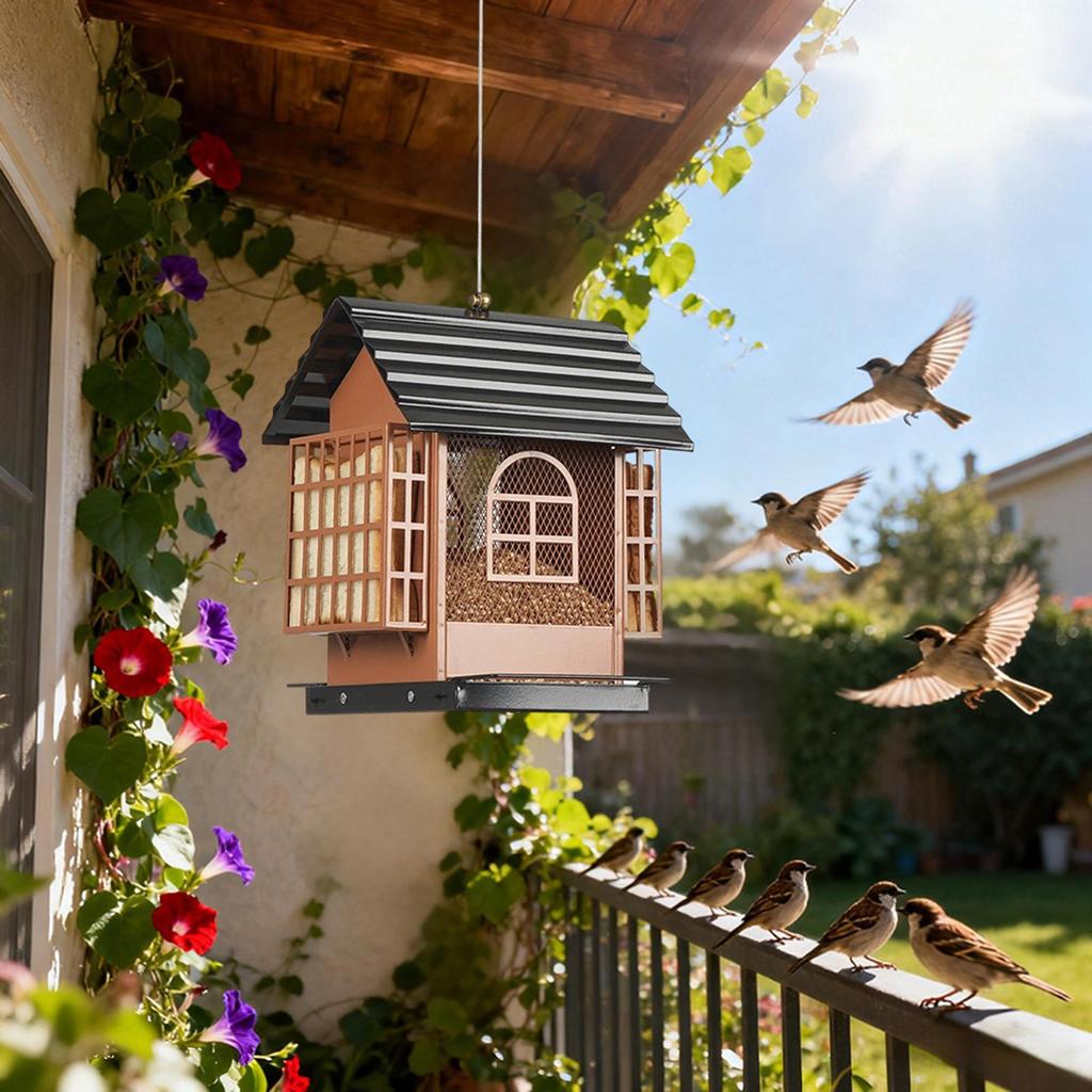 Outdoor Hanging Bird Food Feeder House Shape Metal Feeding Dispenser Double-layer Bird Food Cage For Attracting Wild Birds