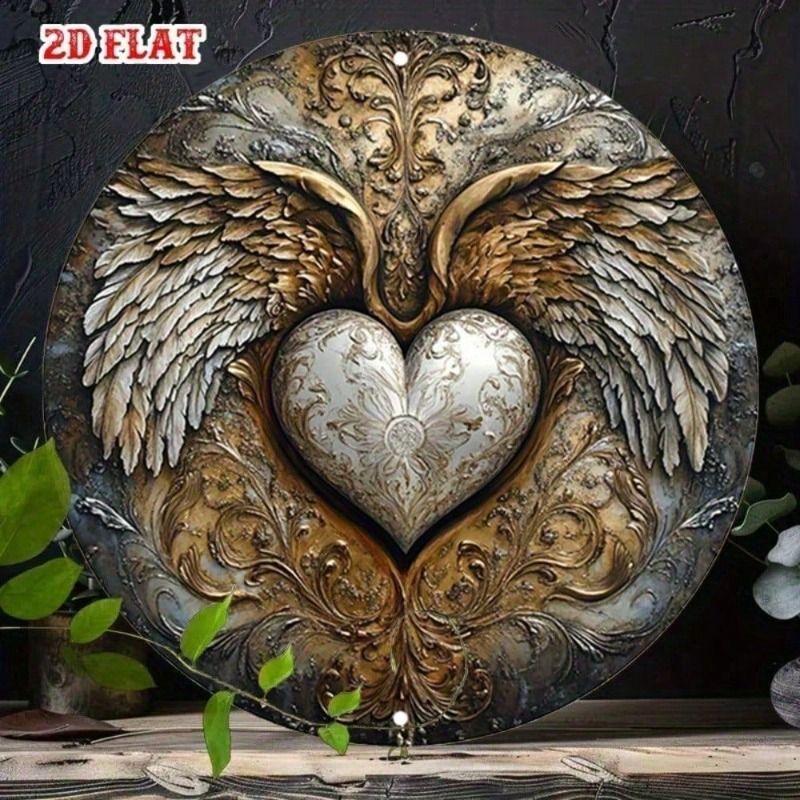 Metal Wall Art Vintage Angel Wings Heart, Round Gold Relief Panel for Living Room Decor