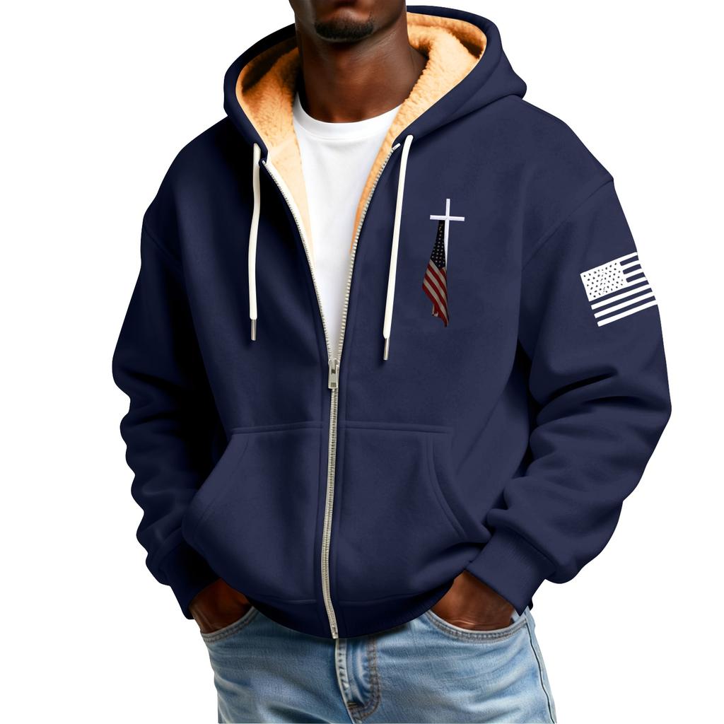 Men's Flag Print Fleece-Lined Zip-Up Pocket Hooded Sweatshirt Cardigan Men's Casual Sweatshirt Cardigan