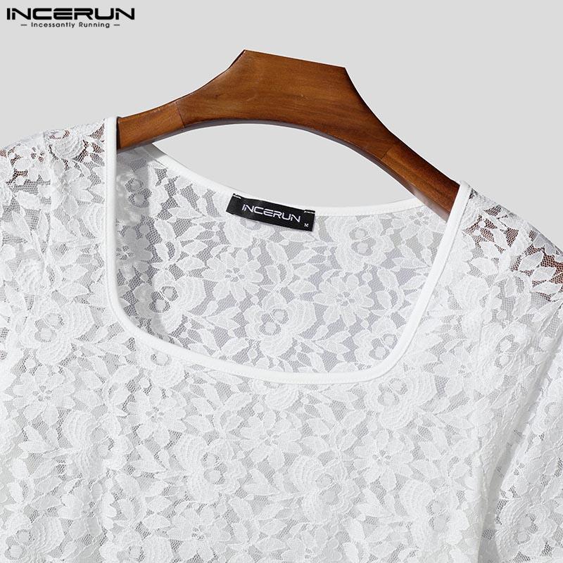 INCERUN Letní pánské tričko s krátkým rukávem a čtvercovým výstřihem, krajkové, květinové, na párty, do klubu, vypasované