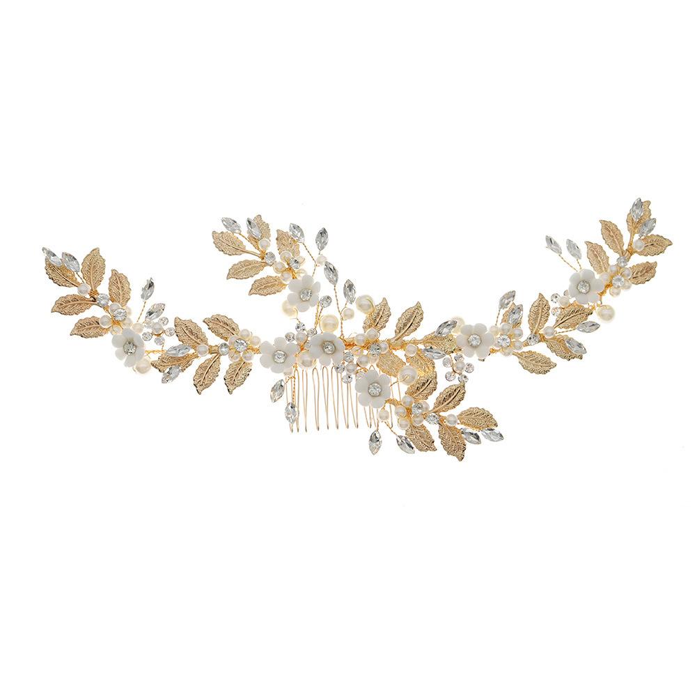 New bridal headdress rhinestone pearl comb metal leaf handmade hair accessories soft pottery flower plate hair comb