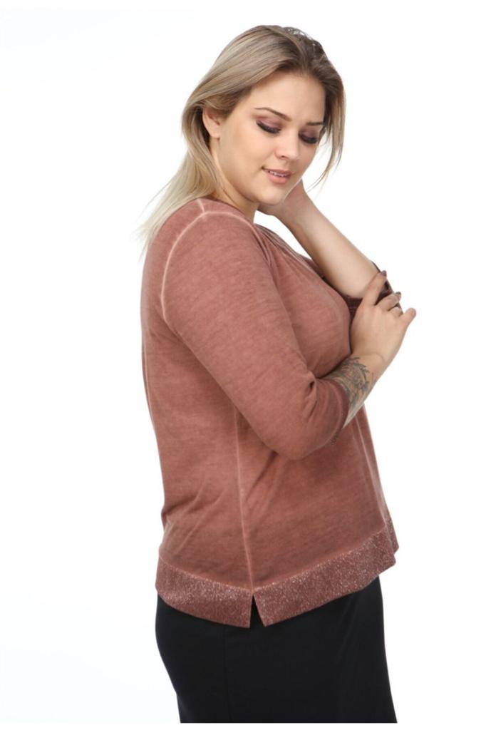 Damen Übergröße Bluse Orange Rundhalsausschnitt Ärmel Glitzer-Details Ölwasch-Bluse