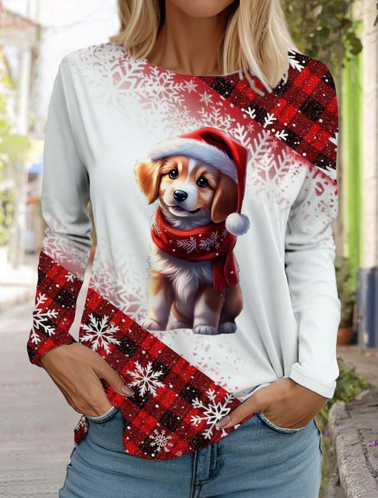 Christmas Cute Animal Cat Women's Long Sleeves T-Shirt Round Neck Long Sleeved Autumn Clothing Holiday Fashion Party T-Shirt