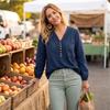 Women's V-Neck Lace Trim Long Sleeve Blouse Color Button Front Casual Shirt Top