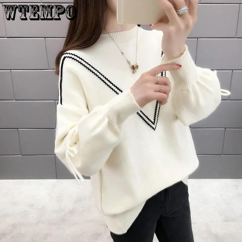 Spring and Autumn Women's Sweater Loose Outwear Round Neck Undercoat Short Bowknot Loose Sweater