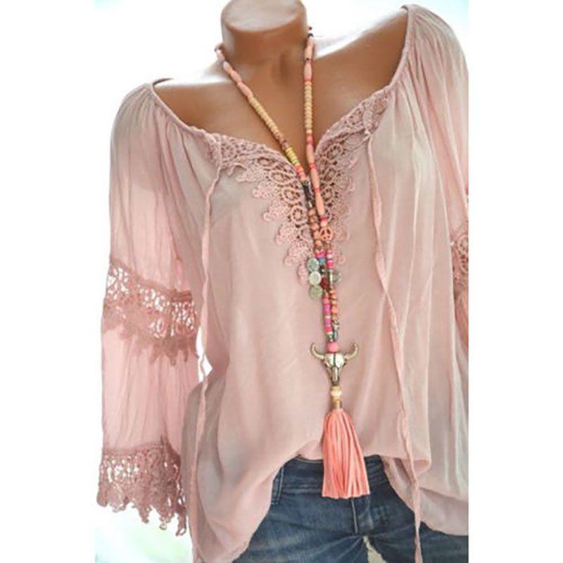 Sexy Women V Neck Long Sleeve Lace Up Shirt Casual Blouse Top Lady Loose T Shirt
