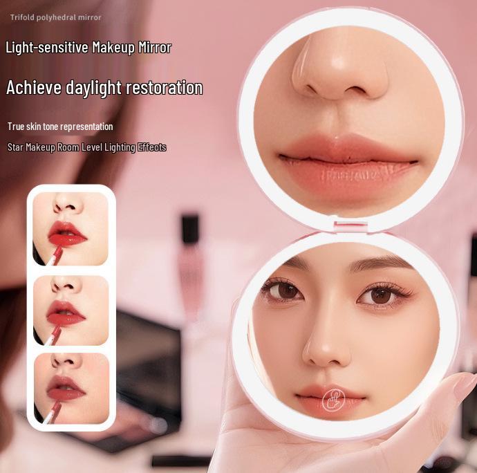 Compact Rechargeable Cosmetic Bag with LED and Foldable Handheld Makeup Mirror for Female Students