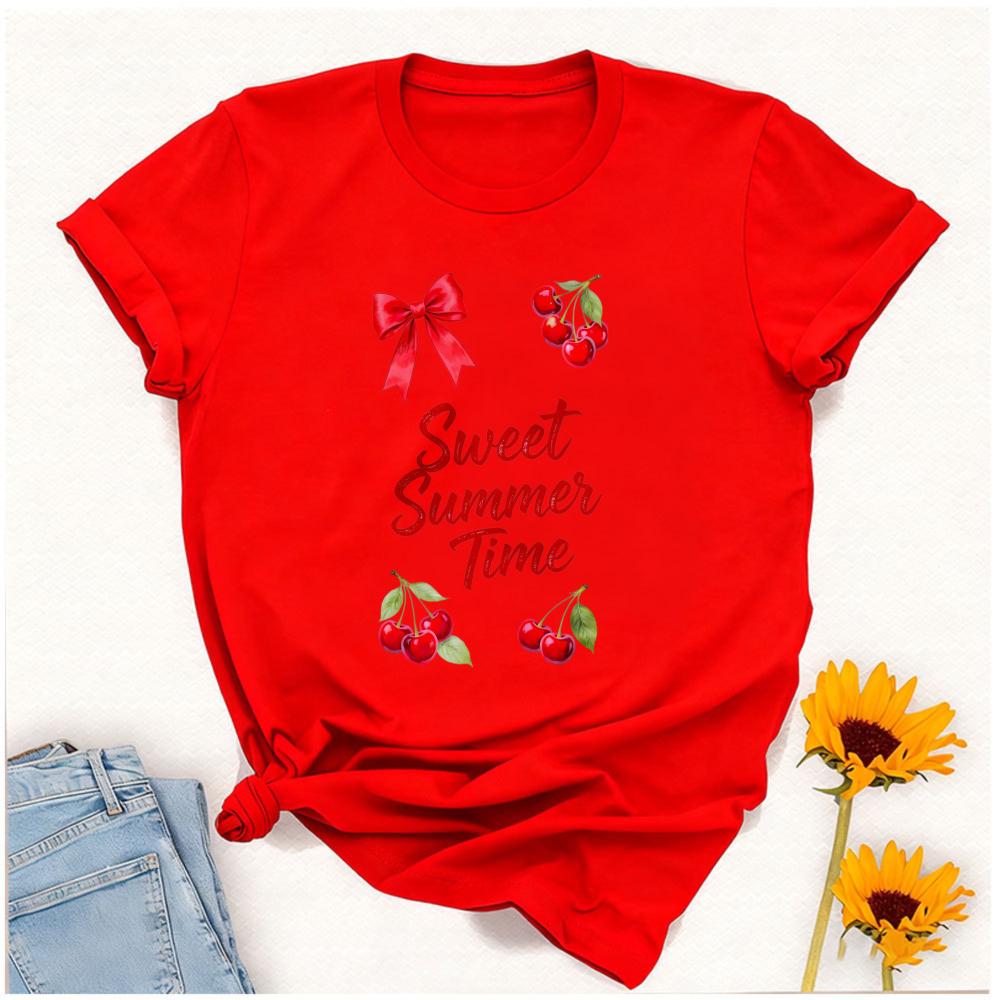 Red Cherry Bow Crew Neck Short Sleeve Tshirt Sweet Summer Time Retro Fruit Design Funny Outdoors High Quality Cotton Shortsleev
