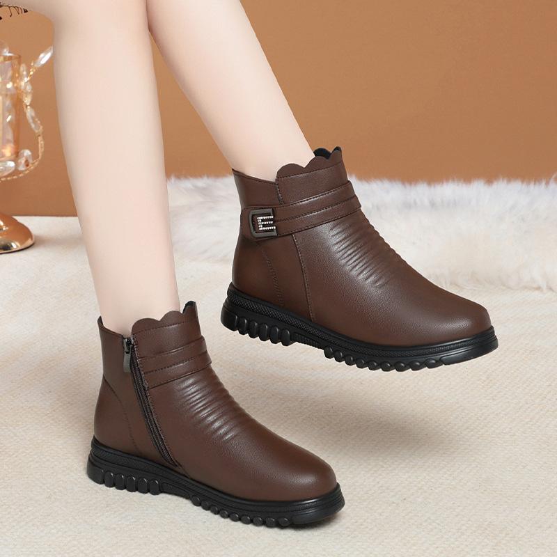Fashion 2024 Fashion Winter Boots Women Leather Ankle Warm Boots Mom Autumn Plush Wedge Shoes Woman Shoes Anti-slip Middle-aged Elderly
