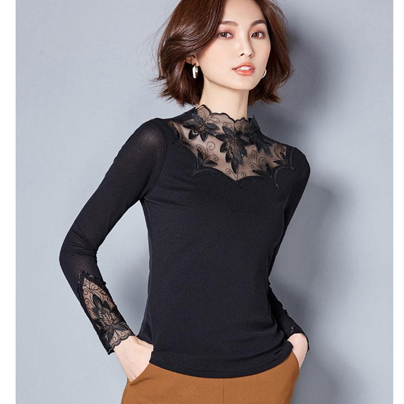 Hollow Out kobiety styl wiosenny i jesienny koronkowe bluzki koszule Casual z długim rękawem Patchwork łączone golfem Blusas topy