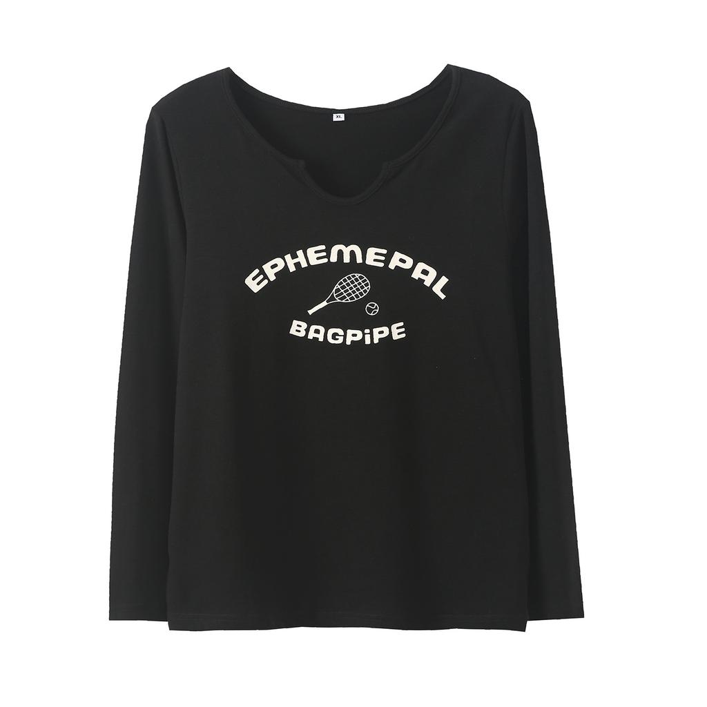 Plus Size Women's Shoulder Letter Print Long-sleeve T-shirt, Autumn New Loose Slimming Top 323110