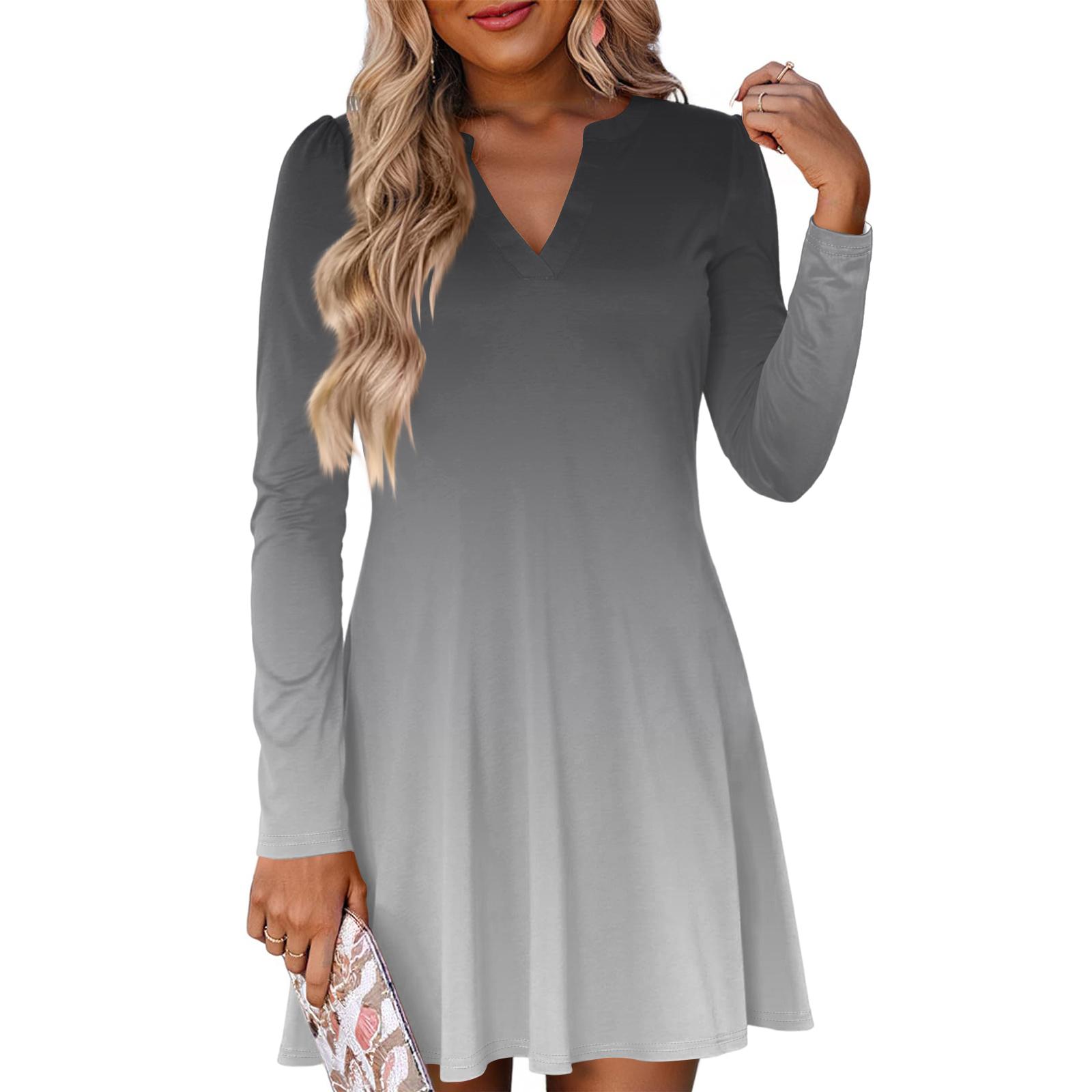 

Women s Fashion Gradient V-neck Long Sleeve Dress L