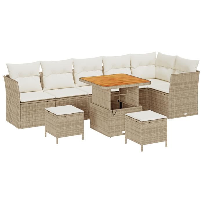VidaXL Ensemble de Canapés de Jardin 9 Pièces avec Coussins Beiges Poly Rattan Acacia 3361501