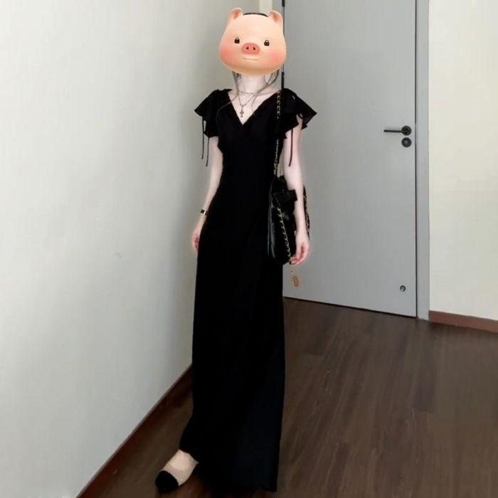 Hepburn Style Black Puff Sleeve V-Neck Long Summer Dress for Women 2026 L