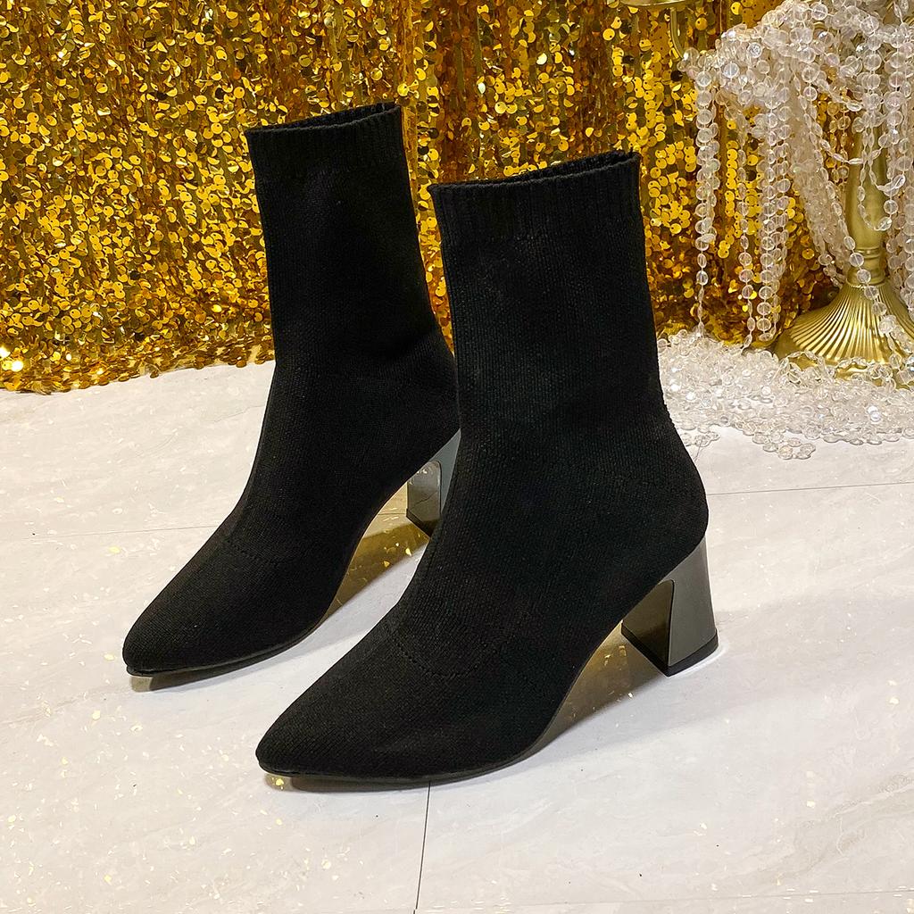 2025 Autumn/Winter Knitted Elastic Fabric Socks Boots Women's High Heels Short Boots Pointed Women's Ankle Boots Size 42