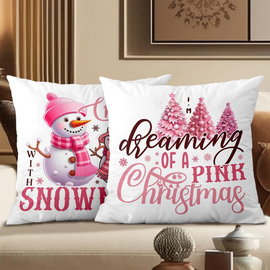 Pink Christmas Snowmen Pillows Let Snow Chill Snowmies Polyester Pillowcase, Sofa Decorative Cushion Cov Headboard Pillow