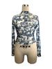 Spring and Summer Women's Transparent Blue Printed Long-sleeved Small Stand-up Collar Mesh Short T-shirt Versatile Closet Essential Fashion Shirt