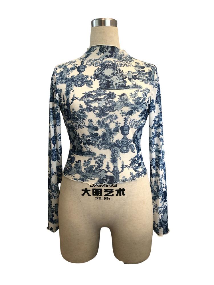 Spring and Summer Women's Transparent Blue Printed Long-sleeved Small Stand-up Collar Mesh Short T-shirt Versatile Closet Essential Fashion Shirt