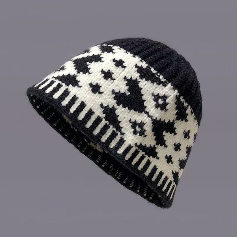 

Hat Rhombus Fisherman Grid Pattern Cap Knitted Warmth Oversized Unisex Design чорний