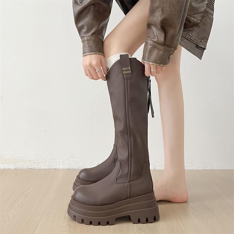 

Queen Fan Black Retro Thick-soled Heightening Boots Women s 2025 New Summer Skinny Versatile Knight Boots 35 чёрный