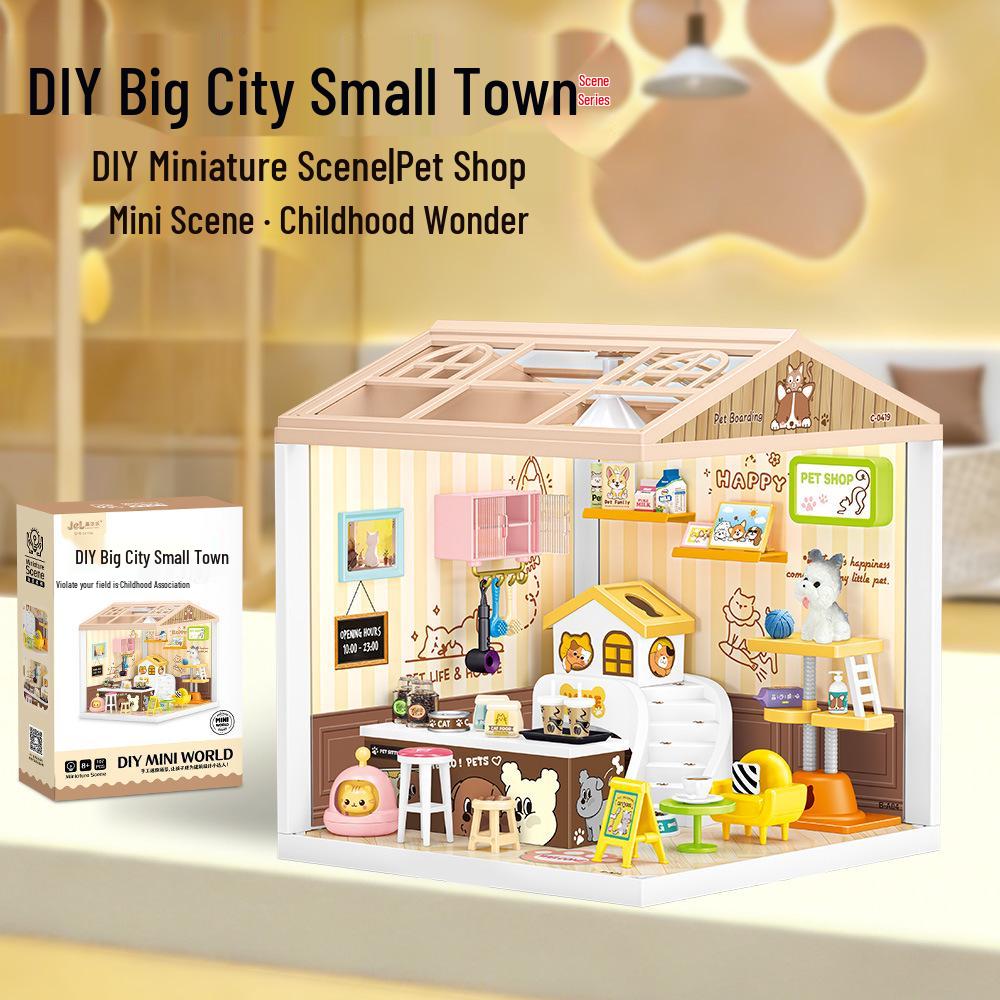 Children's DIY Dollhouse Model with Lights - Big City & Small Town 3D Building Puzzle Educational Toy Gift