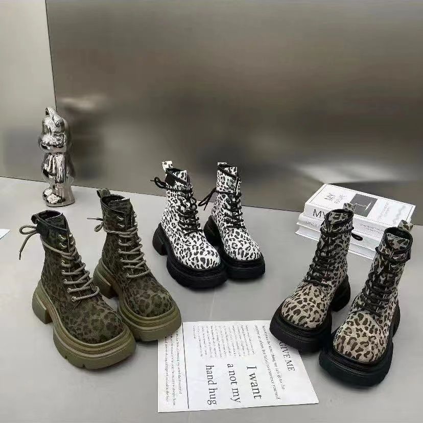 Fashion Vintage Leopard Print Women Boots Round Toe Women's Boots Casual Shoes 2025 Fashion Woman Boots Mid Heel Botas Femininas